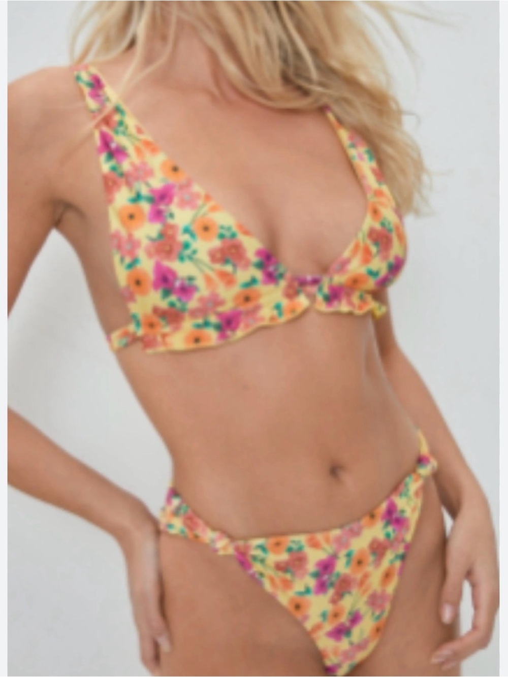 Nasty Gal Yellow Floral V-Neck Ruffle Bikini Set